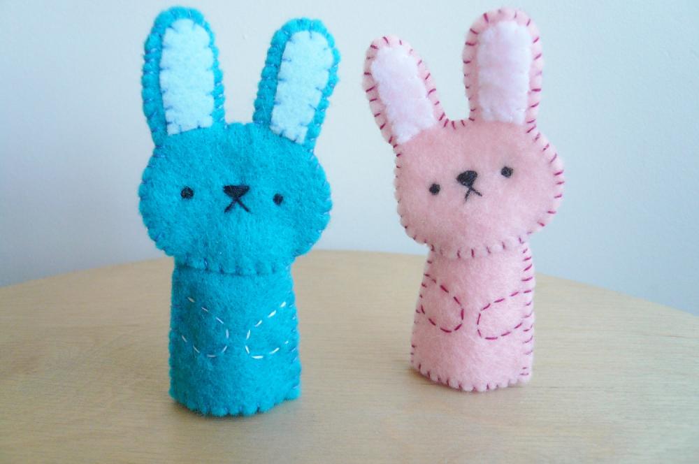 Handmade Finger Puppets - Pink Bunny And Blue Bunny